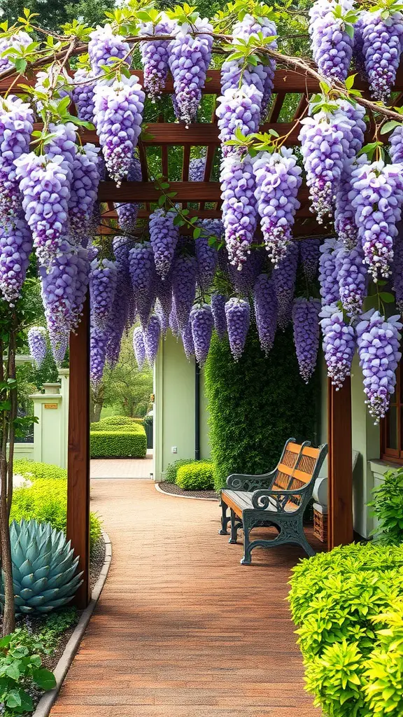 27 Creative DIY Garden Trellis Ideas for Your Outdoor Space 15 A beautiful arched wooden trellis adorned with clusters of purple flowers, set in a lush garden with a pathway and a bench.