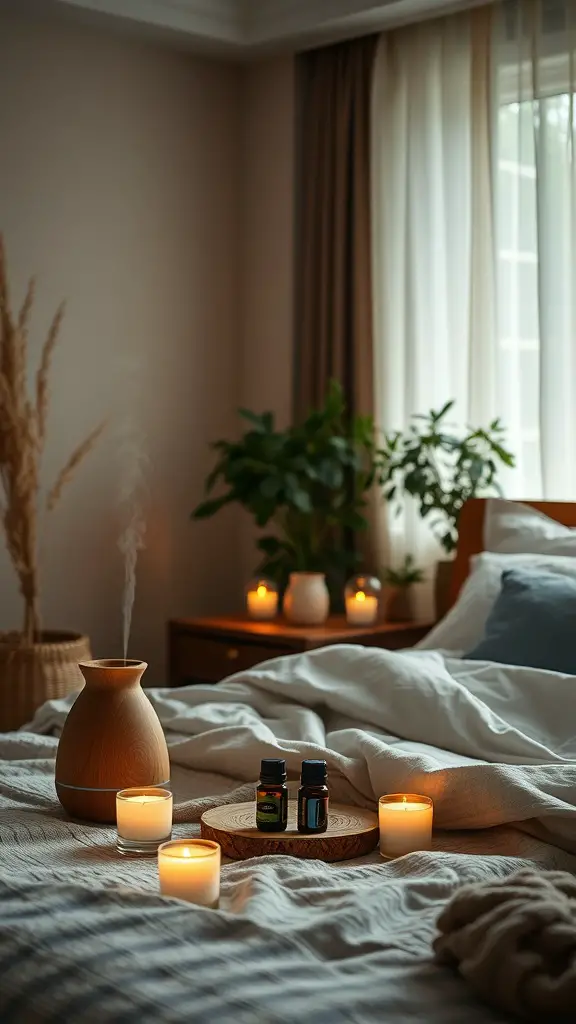 A cozy bedroom with essential oils and candles for aromatherapy.