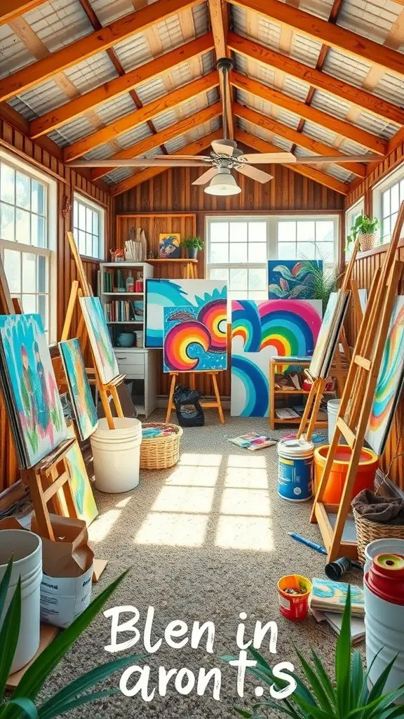 37 Creative Backyard Shed Ideas for Every Style 2 Art studio shed interior with colorful paintings, easels, and natural light
