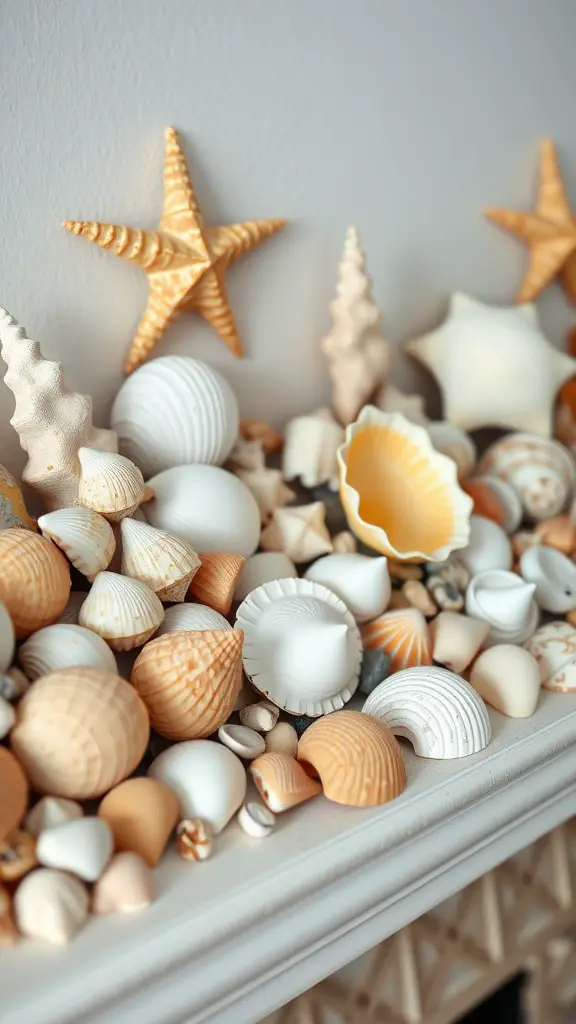 A beautiful display of various seashells and starfish arranged on a mantel.