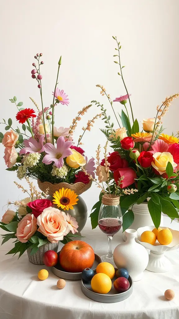 A vibrant spring table decor featuring colorful flowers and fresh fruits.