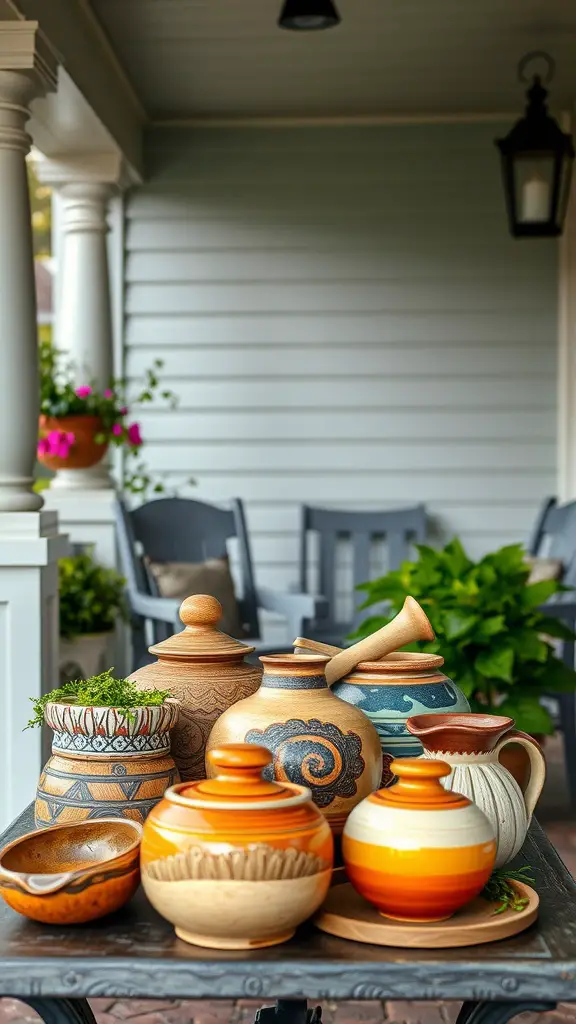 A collection of colorful artisan pottery pieces displayed on a table on a farmhouse front porch.