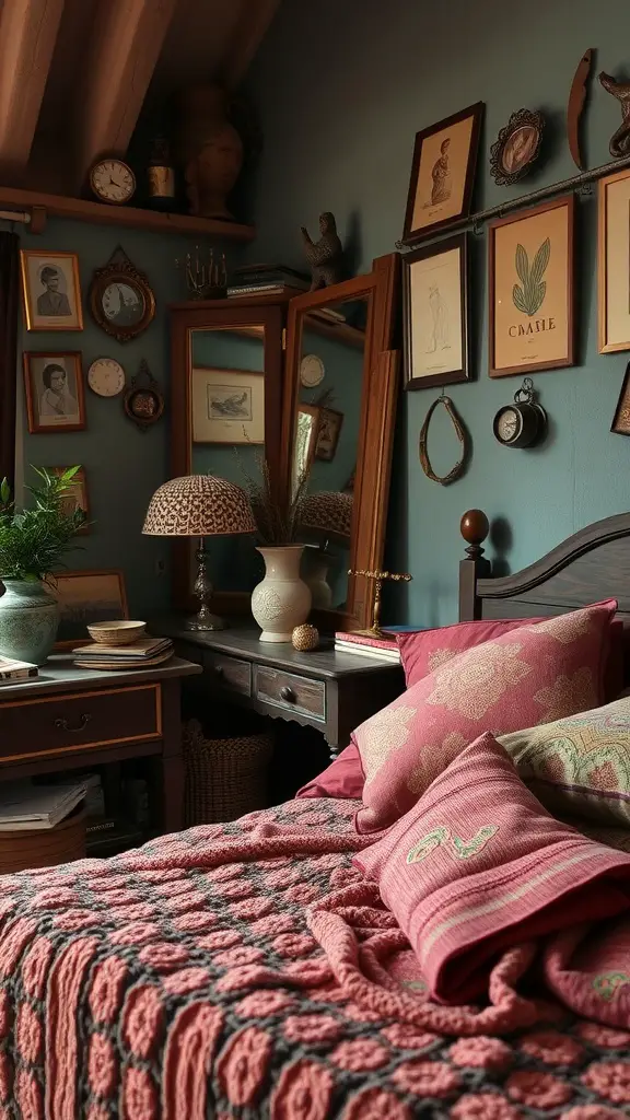 A cozy vintage bedroom featuring a knitted blanket, framed artwork on the walls, and wooden furniture.