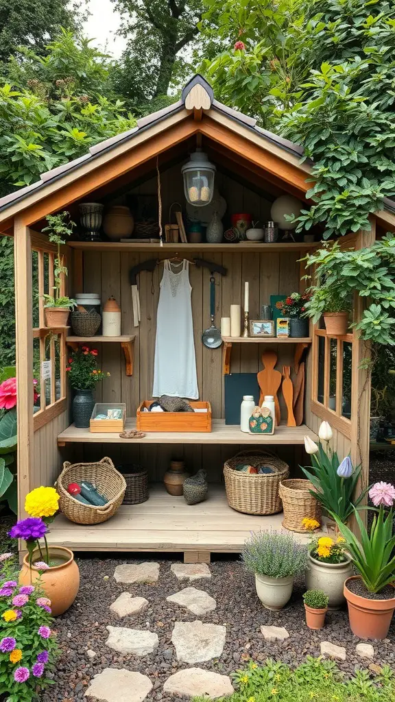 25 Creative Garden Shed Ideas for Your Outdoor Space 26 Artisan shed with crafting space, featuring wooden shelves, handmade items, and colorful flowers in front.