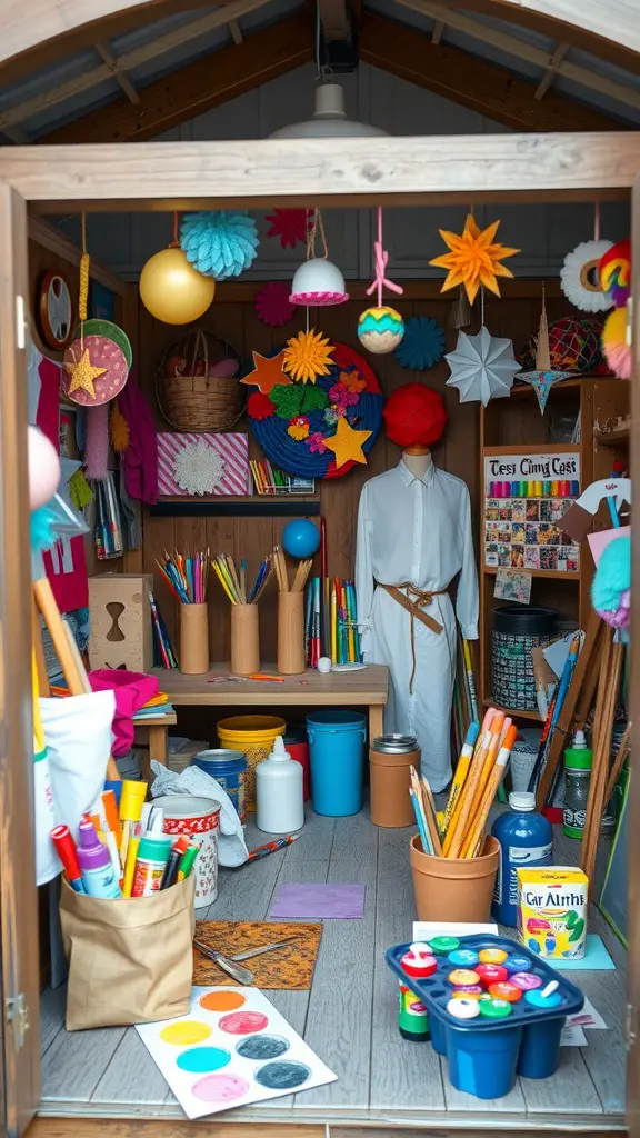 27 Stunning Garden Shed Interiors to Inspire Your Outdoor Space 6 A colorful and organized craft space inside a garden shed, filled with art supplies and decorations.