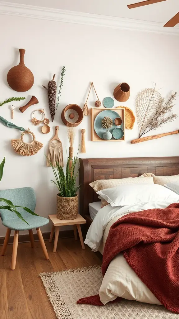 A cozy bedroom featuring artistic DIY wall decor with natural materials.