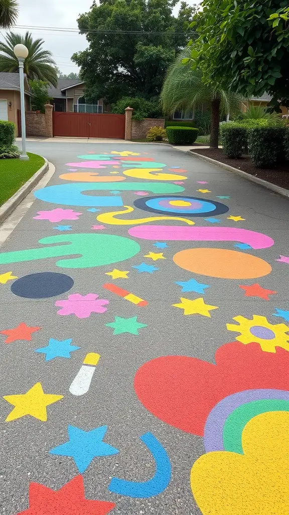 19 Creative Driveway Ideas to Enhance Your Curb Appeal 21 A colorful driveway mural with stars, hearts, and circles painted on a paved surface.