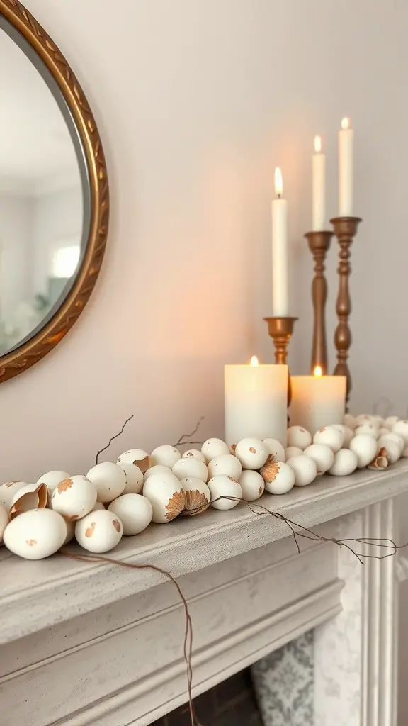 A fireplace mantel adorned with artistic eggshells and candles, creating a festive Easter look.