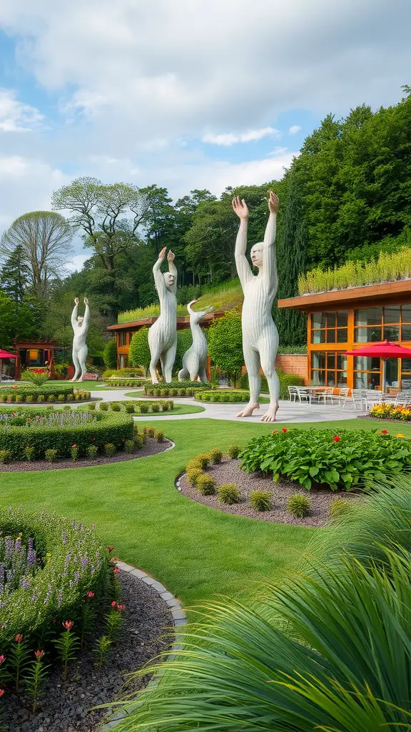 A garden featuring large artistic sculptures with raised arms, surrounded by vibrant flowers and greenery.