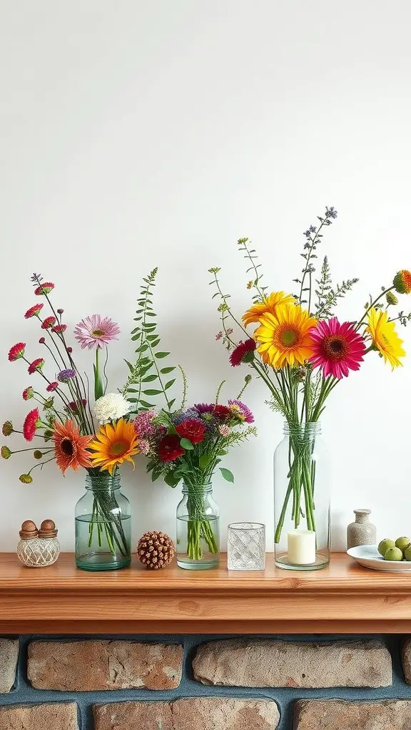 Colorful wildflowers arranged in glass vases on a wooden mantel