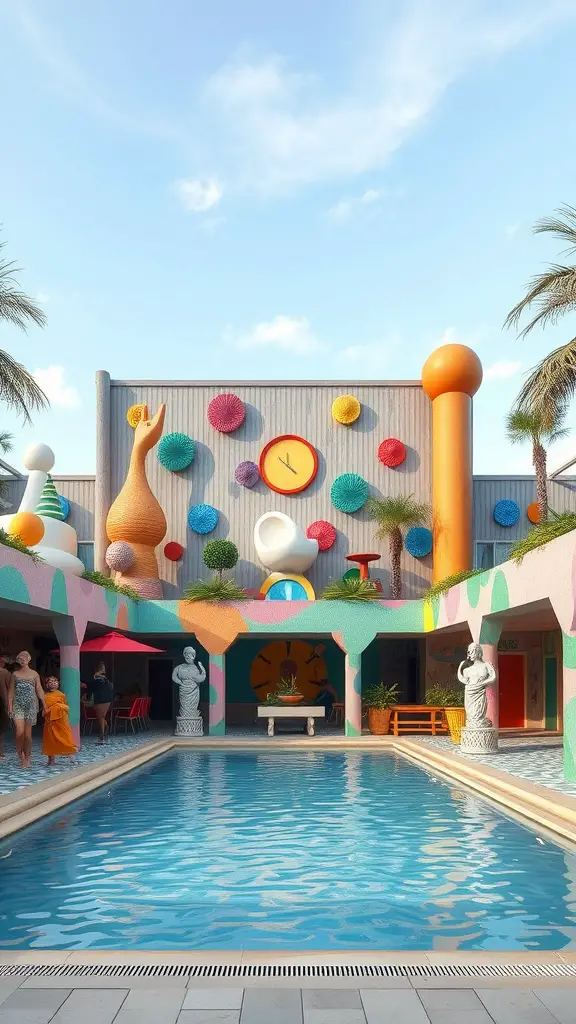 Artistic open-air pavilion with colorful decorations and a swimming pool