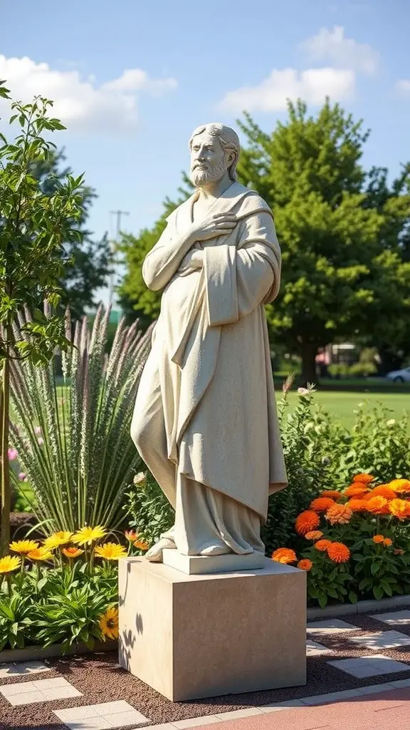 A serene statue in a vibrant backyard garden with colorful flowers and greenery.