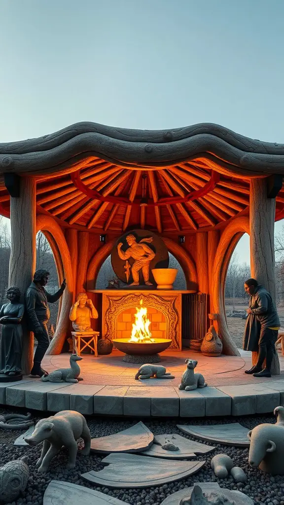 An artistic sculptural pavilion featuring a fireplace surrounded by unique sculptures.