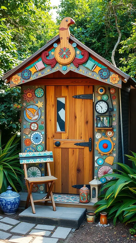 23 Stunning Garden Shed Exterior Ideas to Transform Your Backyard 14 A vibrant garden shed with mosaic tiles, featuring a wooden door, colorful decorations, and a small chair.