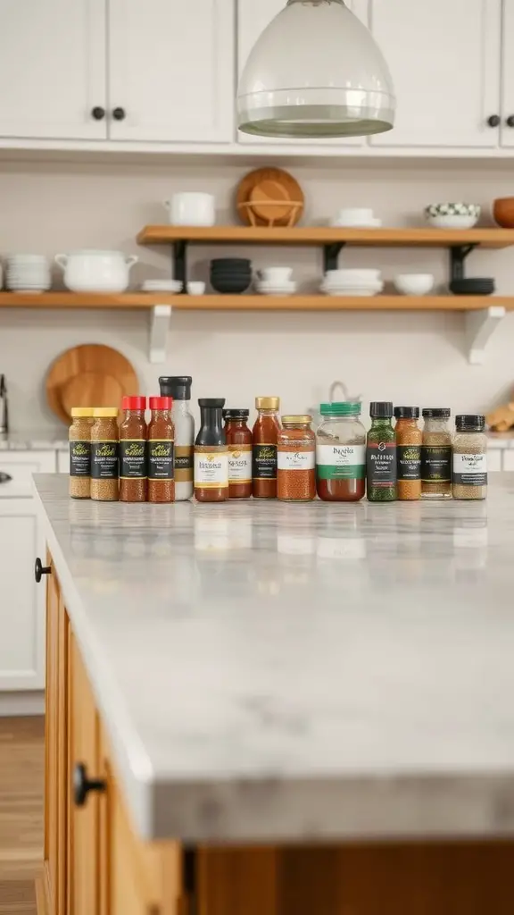 A collection of neatly arranged spice jars on a kitchen island, showcasing various colors and labels.