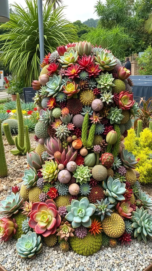 Colorful succulent sculpture featuring various shapes and sizes of succulents arranged artistically.