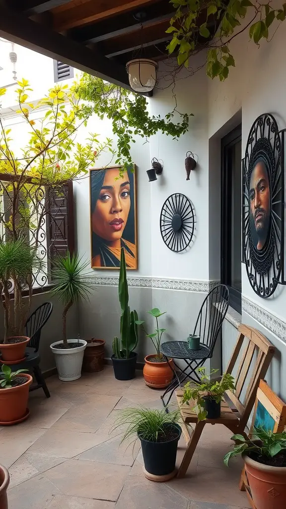 25 Creative Small Patio Ideas for Your Outdoor Space 24 A cozy patio space featuring artistic wall decor with portraits, plants in pots, and a wooden bench.