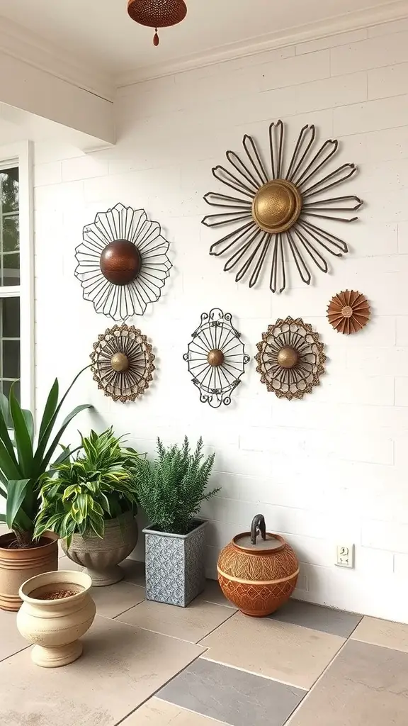 An artistic wall decor setup with metal wall art and potted plants on a patio.