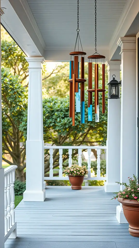 27 Cozy Front Porch Ideas for a Welcoming Home 27 Artistic wooden wind chimes hanging on a cozy front porch