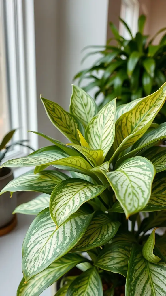 21 Low Light Indoor Plants for Cozy Spaces 23 Close-up of Aspidistra 'Milky Way' plant with green and cream patterned leaves.