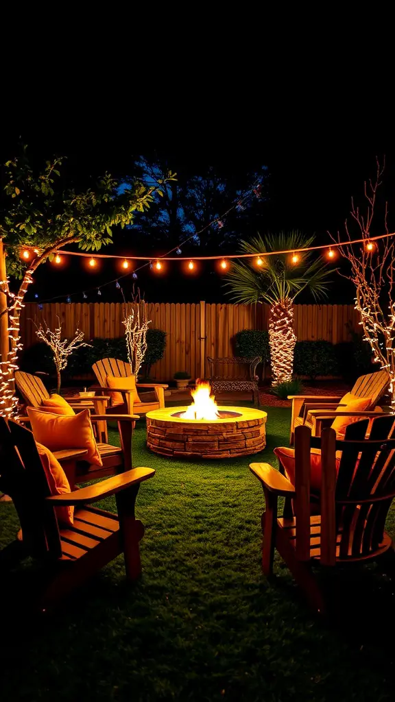 33 Creative Backyard Garden Ideas You Need to Try 19 A cozy backyard fire pit surrounded by chairs and string lights, creating an inviting atmosphere for gatherings.