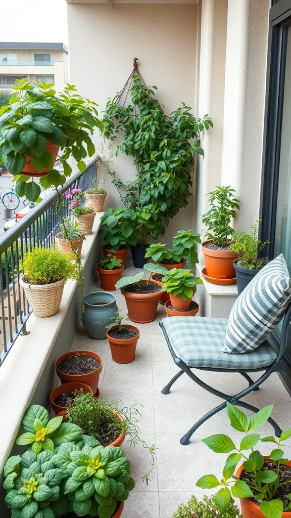 A cozy balcony garden filled with various potted plants and a comfortable chair.