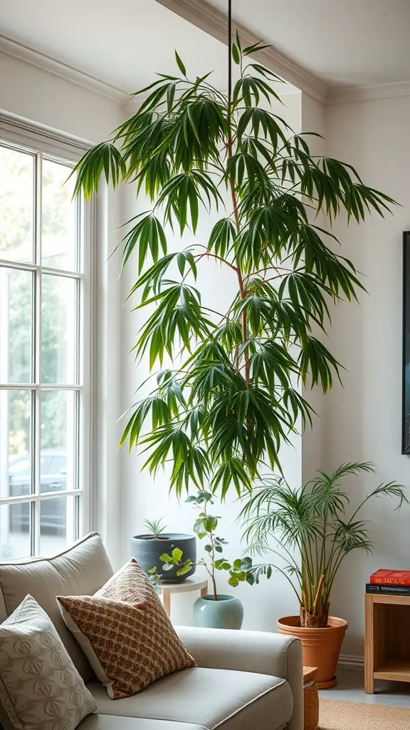 15 Stunning Hanging Plants to Beautify Your Living Room Windows 15 A Bamboo Palm hanging in front of a window in a cozy living room