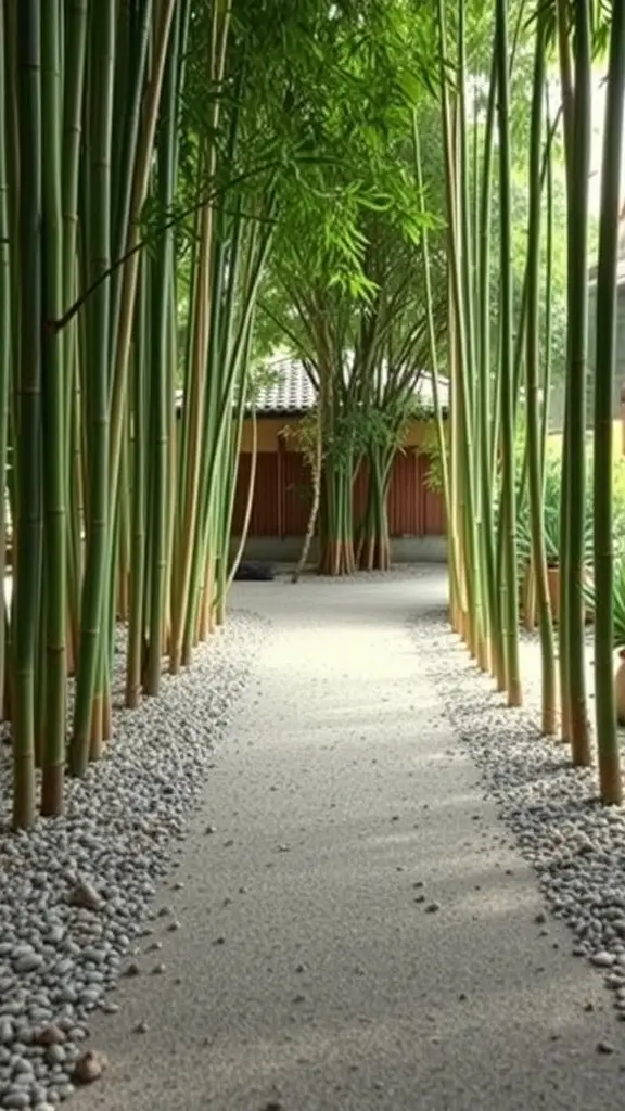 31 Creative Garden Walkway Ideas for Your Outdoor Space 12 A serene bamboo pathway surrounded by green bamboo plants in a Zen garden.