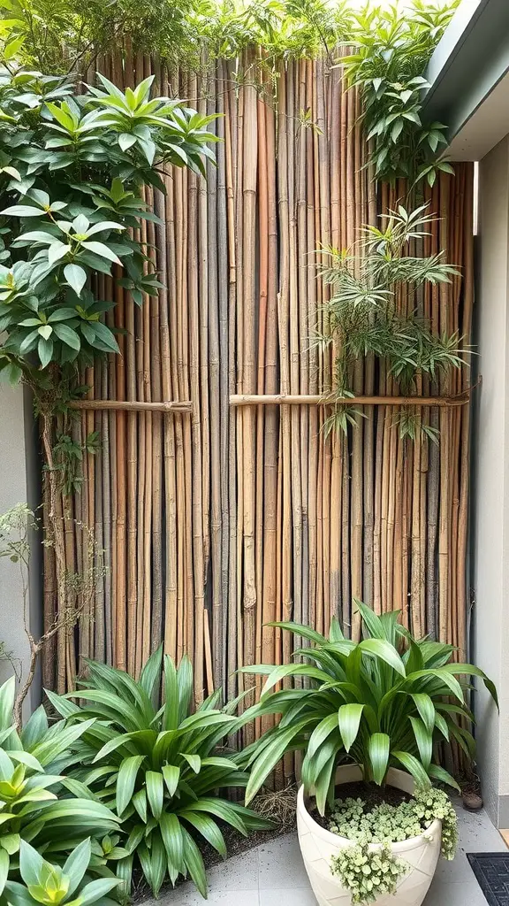 27 Creative Corner Landscaping Ideas for Your Garden 8 A bamboo privacy screen surrounded by green plants in a garden