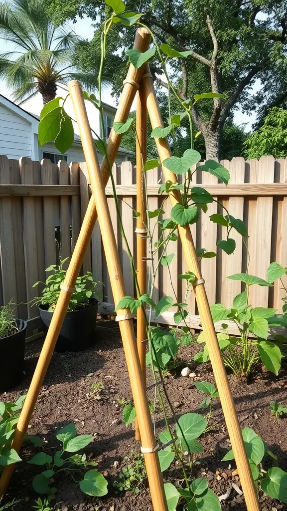 27 Creative DIY Garden Trellis Ideas for Your Outdoor Space 4 A bamboo tripod trellis with climbing plants in a garden setting.