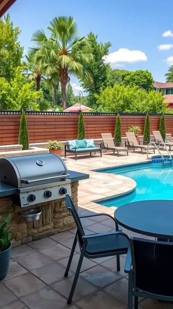 33 Creative Backyard Pool and Patio Ideas for Your Dream Outdoor Space 22 A backyard barbecue area featuring a grill and seating by the pool