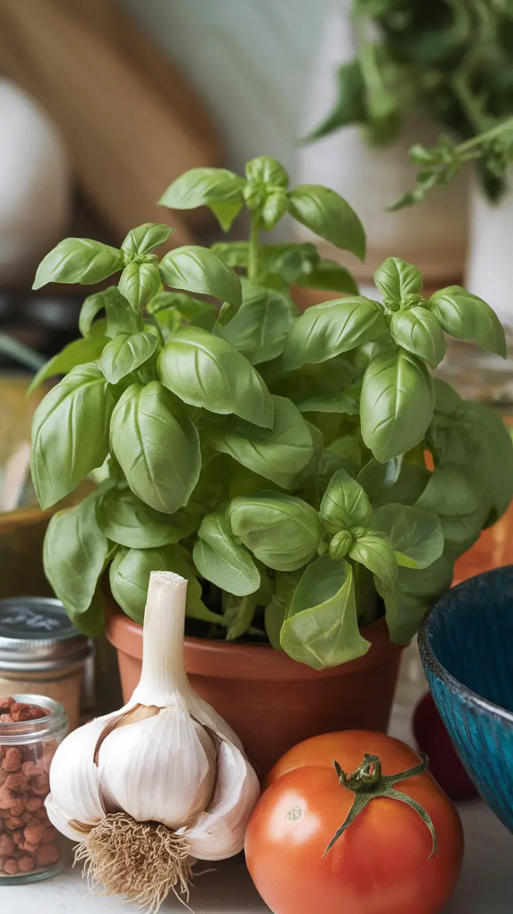 15 Effective Plants That Naturally Repel Mosquitoes 10 A healthy basil plant in a pot, surrounded by garlic and tomatoes, showcasing culinary uses and mosquito-repelling qualities.