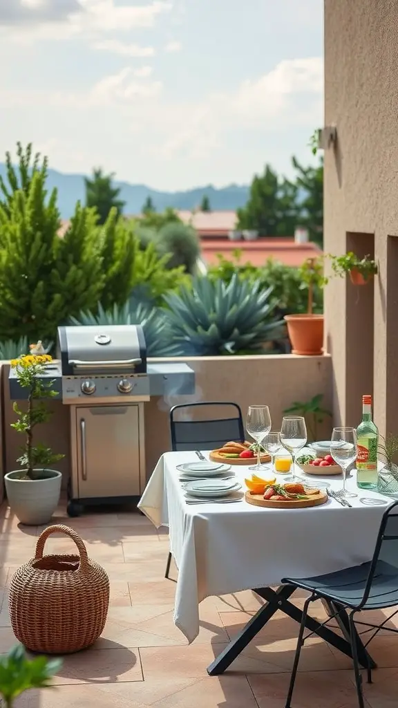 25 Stunning Outdoor Terrace Ideas to Transform Your Space 13 A cozy BBQ grill area with a dining table set for a meal, surrounded by greenery.