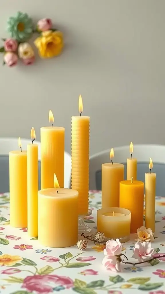 A cheerful arrangement of beeswax candles in various heights on a floral tablecloth, with fresh flowers in the background.