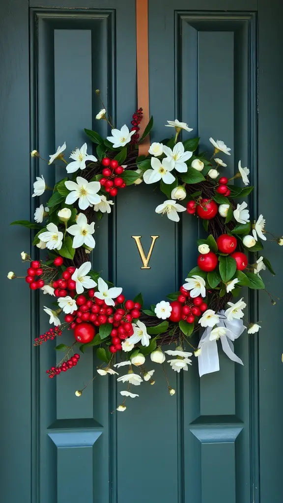 A spring wreath adorned with white flowers and red berries on a dark green door