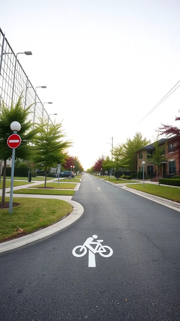 A view of a bicycle path marked on a street, lined with trees in a residential area.