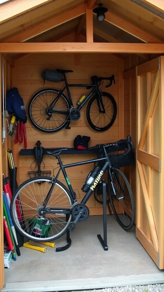 27 Stunning Garden Shed Interiors to Inspire Your Outdoor Space 25 A well-organized bicycle storage and repair area inside a garden shed, featuring two bikes on the wall and one on a stand.