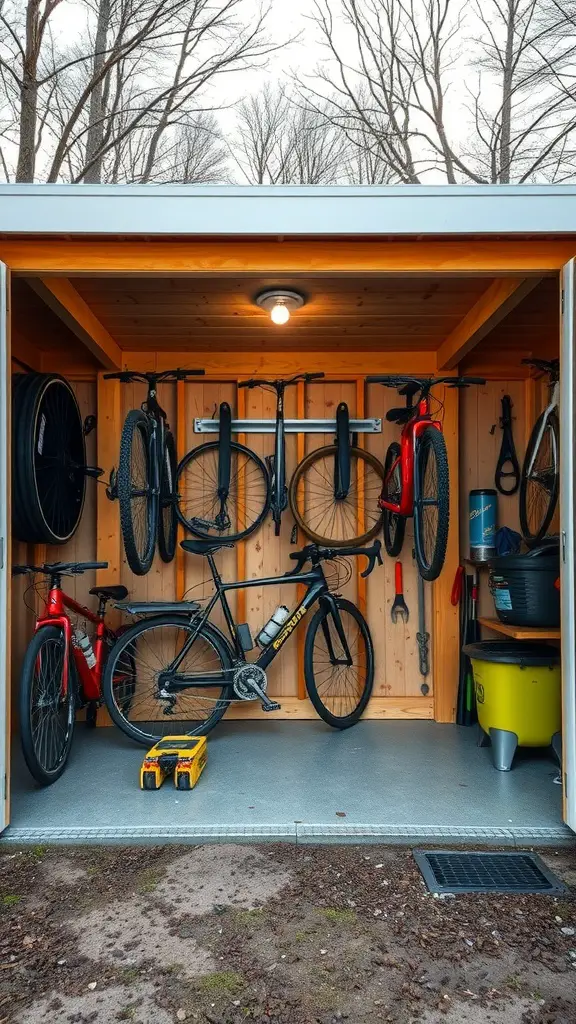 37 Creative Backyard Shed Ideas for Every Style 33 A well-organized bicycle storage shed with bikes hanging on the walls and tools stored on shelves.