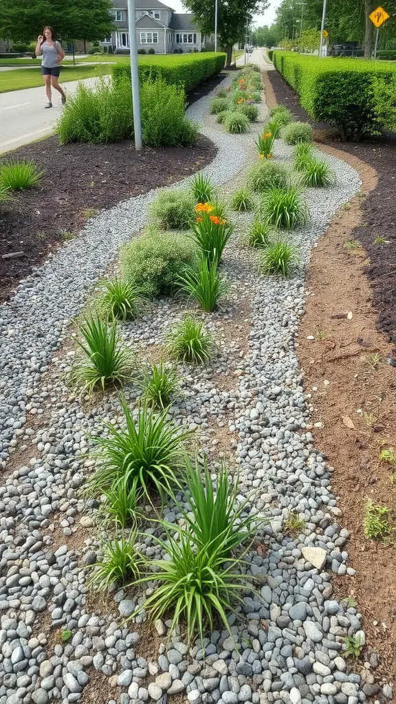 A landscaped bioswale with gravel and various plants, designed to filter stormwater runoff.