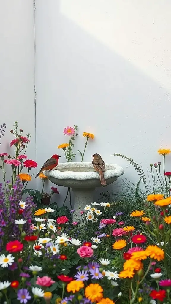 27 Creative Corner Landscaping Ideas for Your Garden 23 A bird bath surrounded by a variety of colorful wildflowers