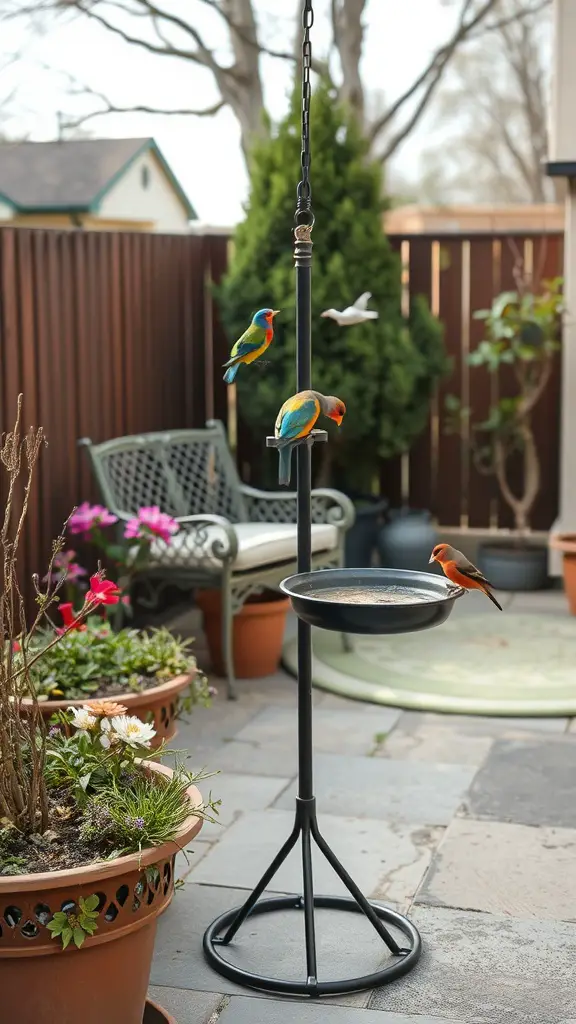 25 Creative Small Patio Ideas for Your Outdoor Space 28 A bird feeder and bird bath with colorful birds on a small patio, surrounded by flowers in pots.