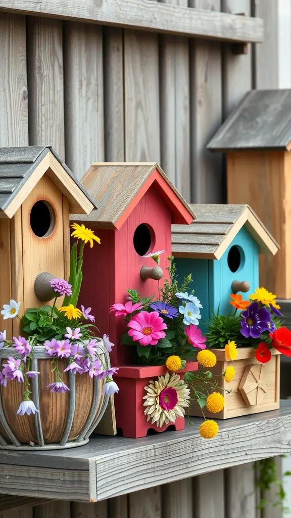 A display of colorful birdhouse planters filled with vibrant flowers on a wooden shelf.