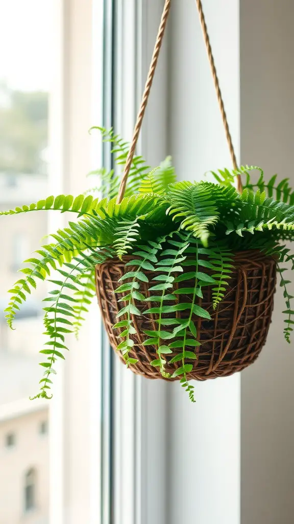 15 Stunning Hanging Plants to Beautify Your Living Room Windows 2 A Bird's Nest Fern in a wicker hanging basket, positioned in front of a window.
