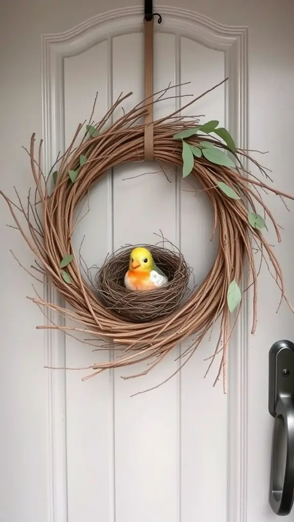 A Bird's Nest Wreath with a bright yellow bird in a natural twig arrangement.