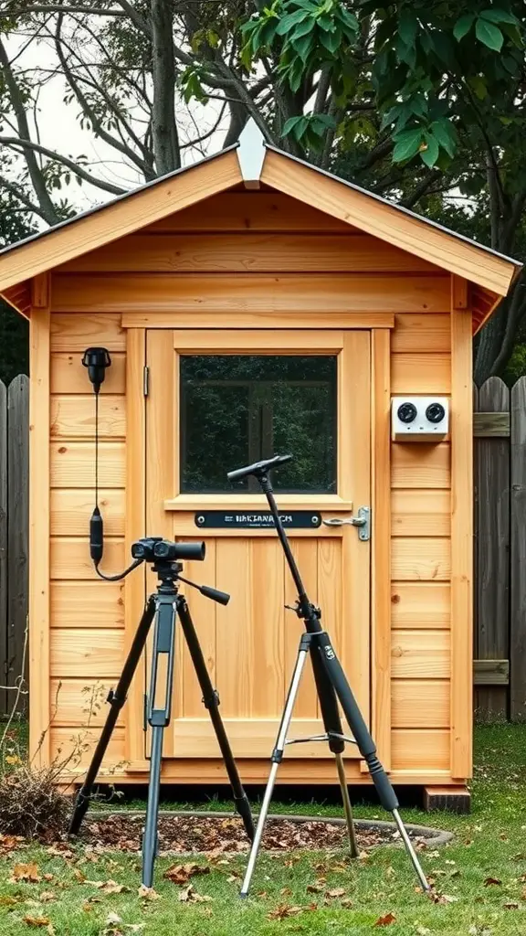 37 Creative Backyard Shed Ideas for Every Style 27 A wooden birdwatching shed with two tripods outside, surrounded by trees and grass.