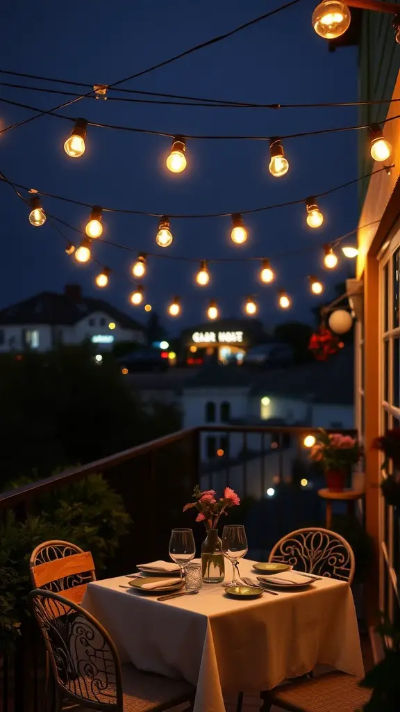 A cozy outdoor dining setup with bistro lights hanging above a elegantly set table.