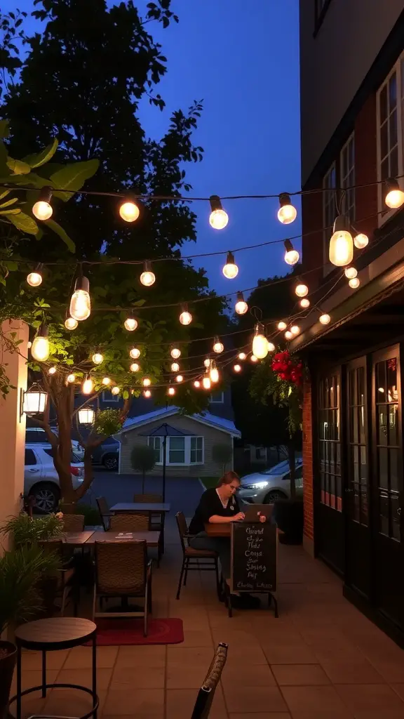 A beautiful patio decorated with bistro lights overhead, creating a warm atmosphere.