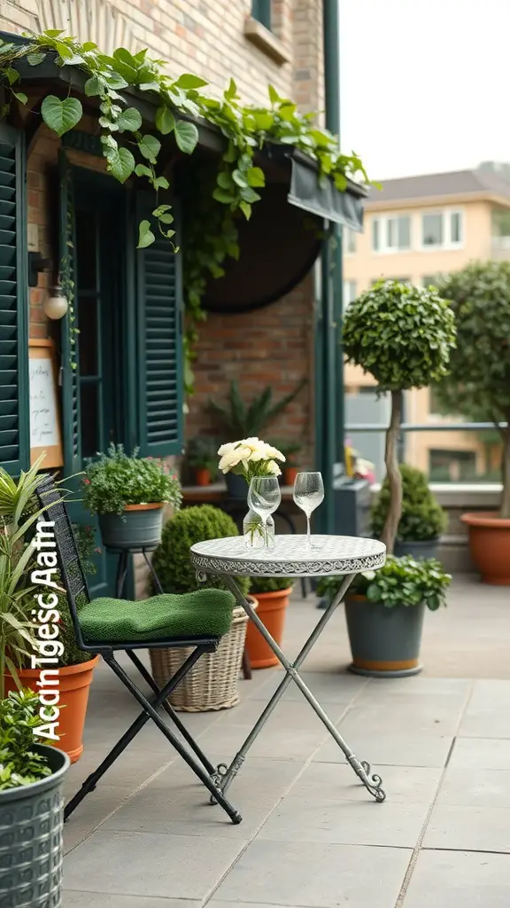 25 Creative Small Patio Ideas for Your Outdoor Space 17 A small patio featuring a bistro table with two glasses and a vase of flowers, surrounded by potted plants and greenery.