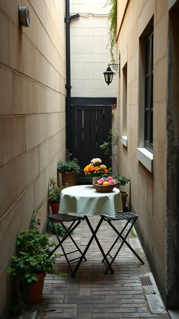 A narrow side yard featuring a small bistro table with flowers and potted plants, creating a cozy dining area.