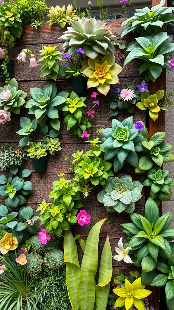 33 Cozy Backyard Ideas for Your Perfect Outdoor Oasis 24 A vibrant vertical garden with a variety of plants including succulents and colorful flowers, arranged on a wall.